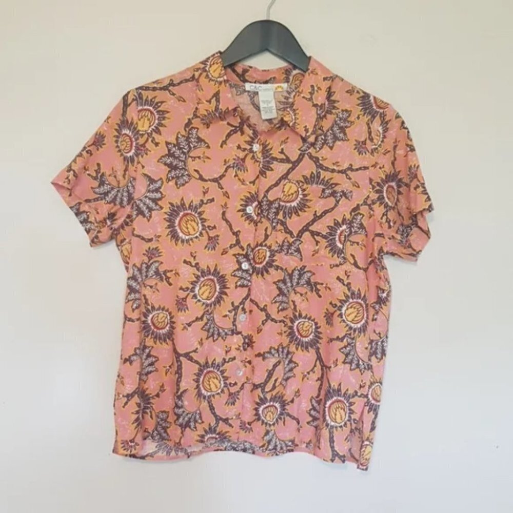 NWT C&C California floral print pink linen boxy  button down shirt size S